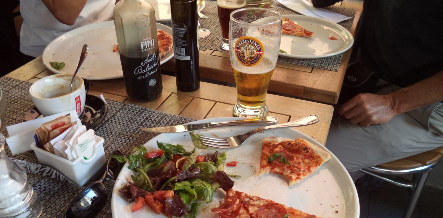 For lunch, pizza, salad, and beer. June had wine.