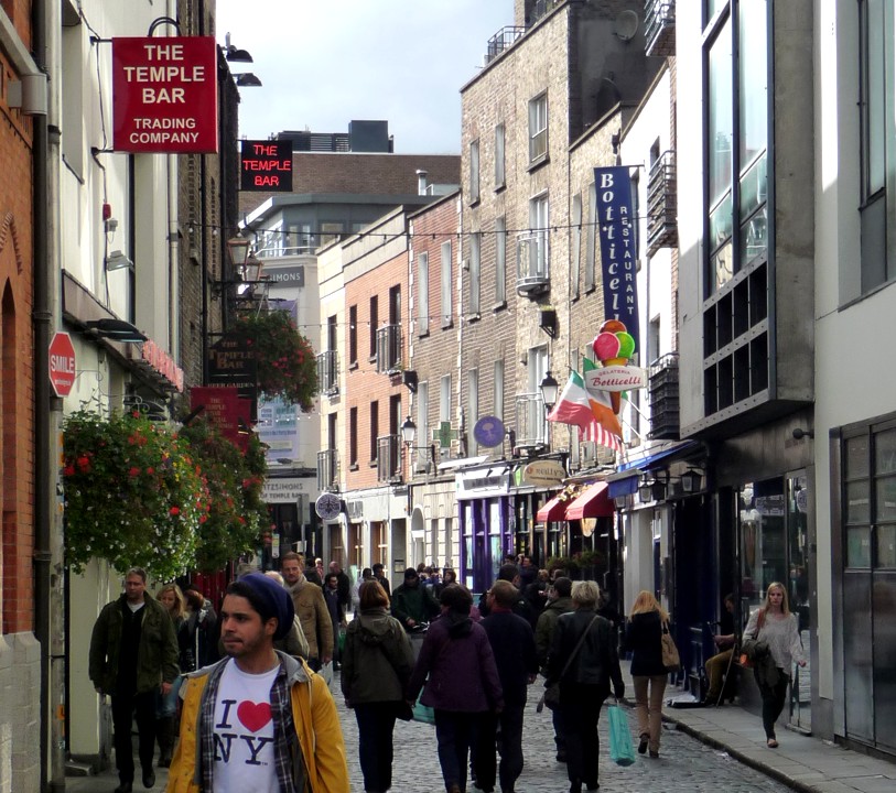 Temple Bar area with its medieval street pattern and narrow cobbled streets