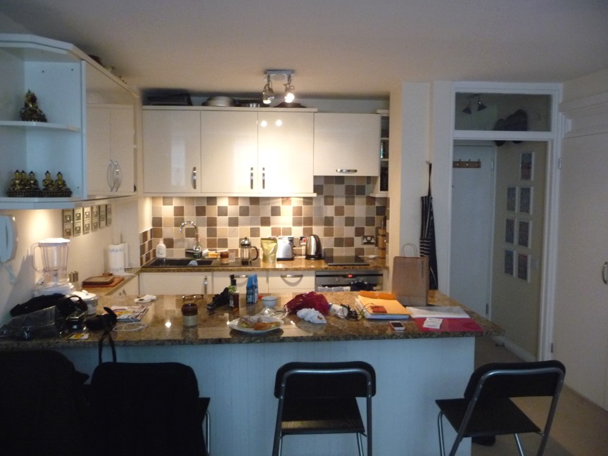 Kitchen area of the London flat. Quite adequate.