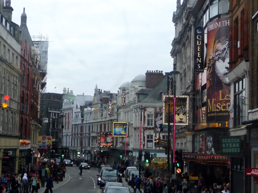 The theatre district from the back of a double-decker bus on our way home on Sat. night.