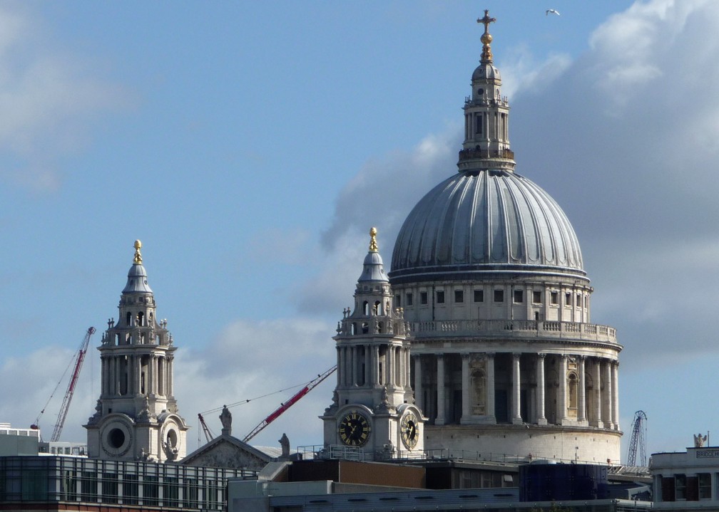 St. Pauls Cathedral from the river. We walked up 350 stairs to the wispering hall, then to the observation deck shown here.