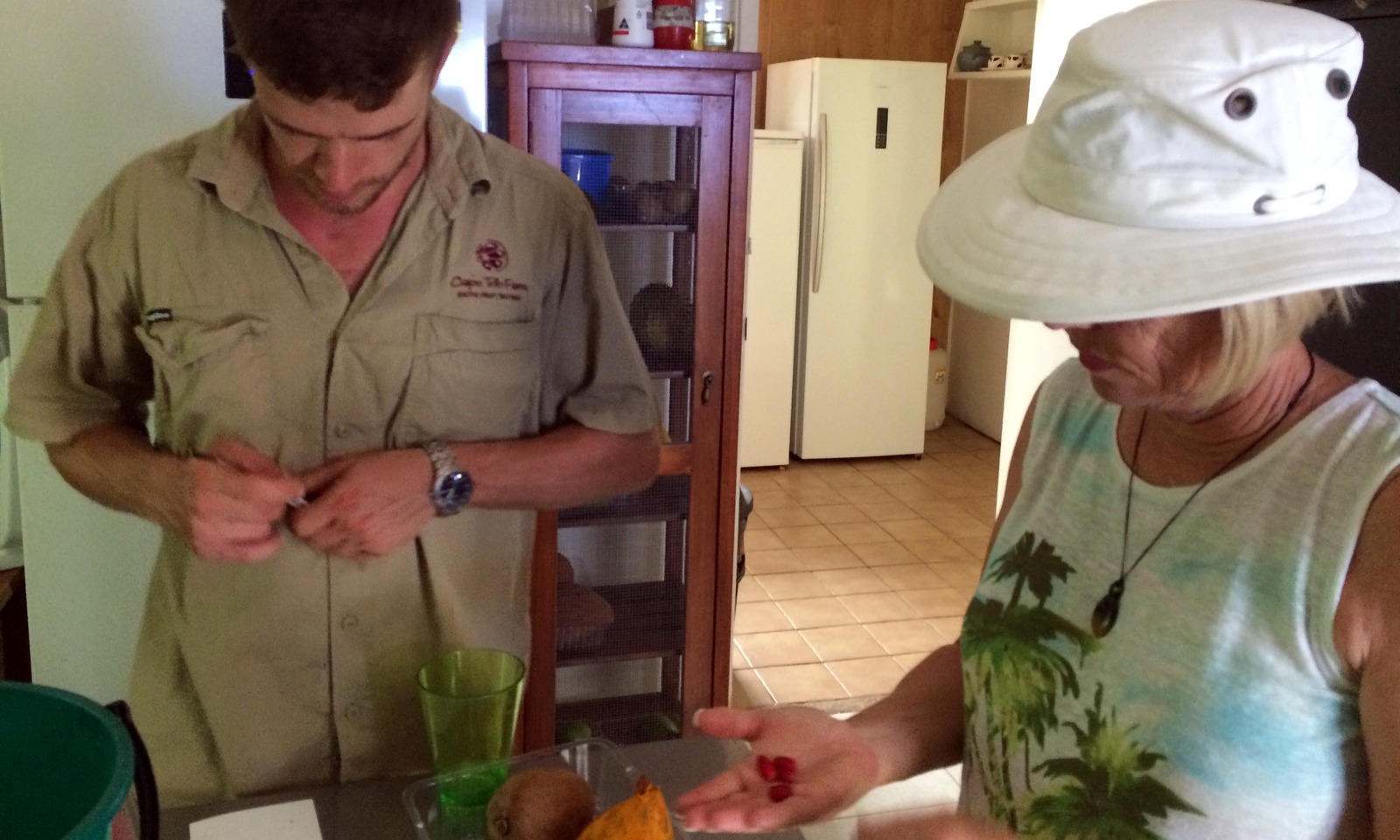 He shows us some wild berries. Just as I am about to pop one down, he stops me. 'They will make everything you eat for the next hour taste sweet.' Sounds good, but that must mean they taste really nasty. I pass on this one. 