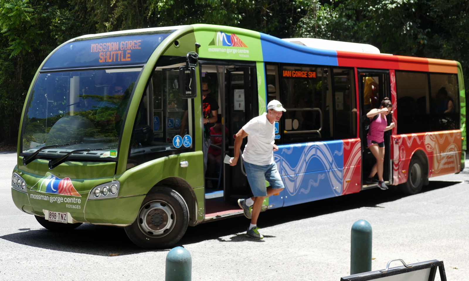 Getting off the shuttle bus.