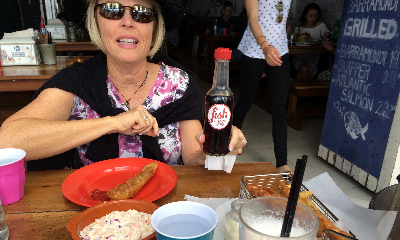 Lunch at a seafood restaurant where we learned that a 'Milkshake' is really milk with a little ice cream for flavor. We sent it back for a local beer.